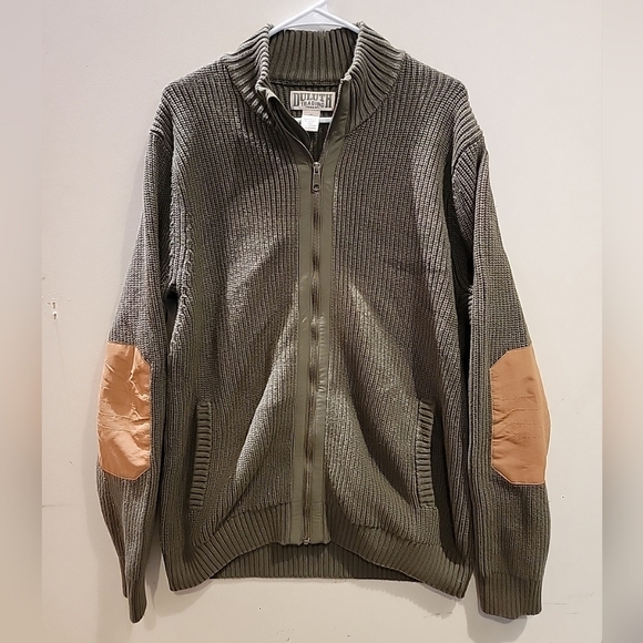 Duluth Trading cable knit sweater jacket full zip elbow patches Medium Olive - Picture 1 of 3
